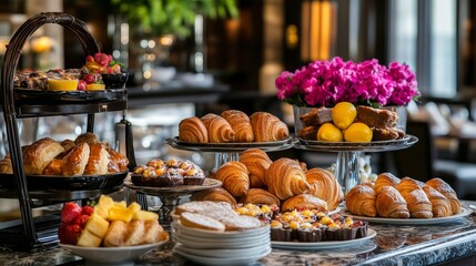 Luxurious buffet display of pastries and fruits at a high-end restaurant during a weekend brunch gathering
