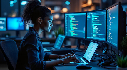 Businesswoman programmer coding on computer