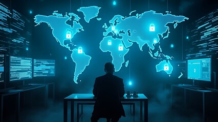 A man silhouette sits in a dark room facing digital world map with glowing locks, symbolizing cybersecurity, global data protection, and advanced information technology monitoring.