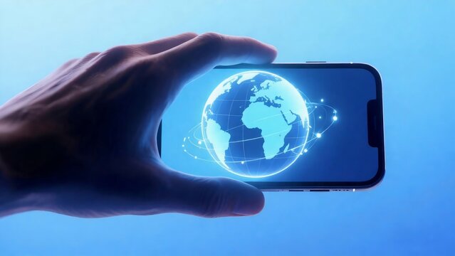 A futuristic concept showing a smartphone projecting a glowing holographic Earth, symbolizing global communication, digital connectivity, and advanced mobile technology innovation.