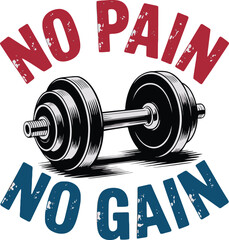 Red and blue distressed text no pain no gain with dumbbell weightlifting fitness