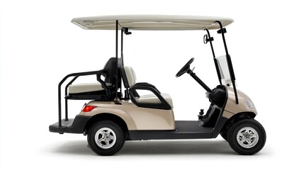 Detailed Side View Of A Beige Golf Cart On A White Background A Clean Design For Leisure And Recreation