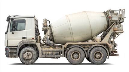 Detailed Side View Of A Dirty Concrete Mixer Truck On A White Background Heavy Duty Construction Vehicle, Industrial Machinery, Transportation And