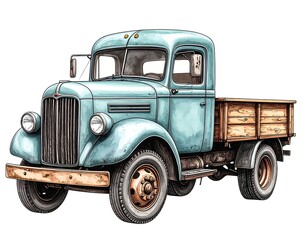 Vintage light-blue pickup truck with wooden bed, detailed illustration