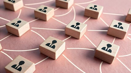 A network of wooden blocks with people icons connected, representing social connections, business teams, and communication, showcasing the concept of human resources and organizational structure