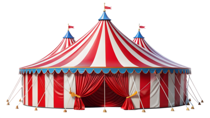 A vibrant circus tent with red and white stripes, isolated on transparent background, creating a festive atmosphere of carnival fun
