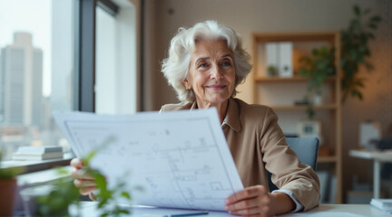 Senior architect reviewing blueprints indoors