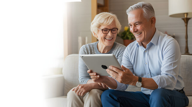 Senior couple smiling and looking at a tablet device while sitting on a couch in a living room scene