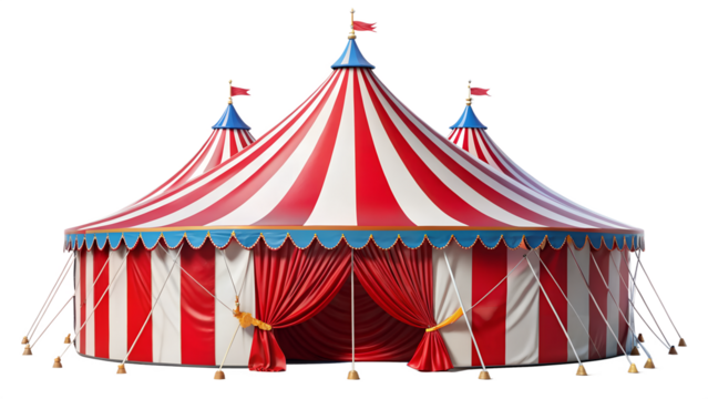 A vibrant circus tent with red and white stripes, isolated on transparent background, creating a festive atmosphere of carnival fun
