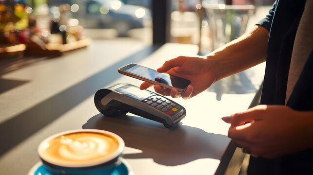 Person using smartphone to pay at a pos terminal with coffee cup on counter in a cafe setting - Powered by Adobe