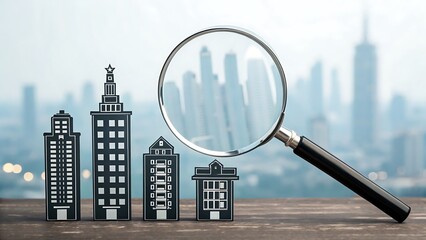 A magnifying glass is focused on a row of building models in front of a blurred cityscape, representing real estate, investment, and property search