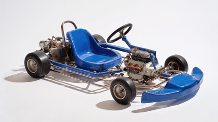 Detailed Small Blue Go Kart Model with Visible Engine on White Background Studio Photograph. A small scale model of a blue go kart, showcasing its