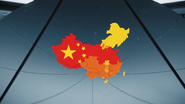 China Map on Satellite Dish - A detailed map of China is prominently displayed on a large parabolic satellite dish, suggesting themes of surveillance, communication, or national identity.