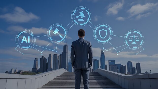 Businessman contemplating future technology and business strategy with digital network connections