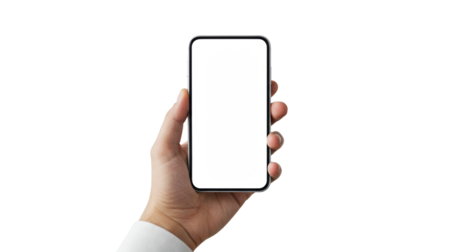 Gender-neutral hand with neutral skin holds a sleek modern smartphone featuring a transparent blank screen in a high-key studio. Concept of digital transformation