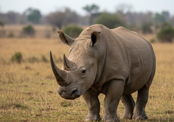 Obraz premium Close-up of a powerful rhinoceros highlighting its distinctive horns in the wild savanna.
