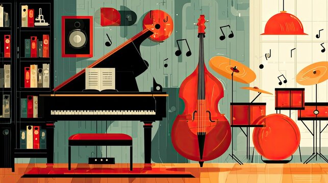 A Detailed Illustration Of Musical Instruments In A Room A Red Double Bass, Black Piano, Red Drum Set Against A Teal Wall With Bookshelf And Artwork