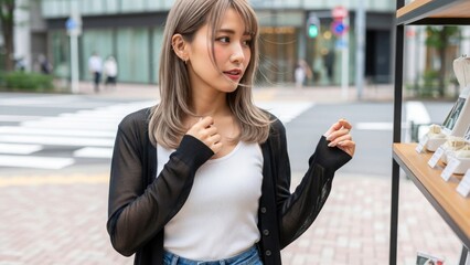 Fototapeta premium 夏の日の街で、店先の商品を眺めるおしゃれな若い女性