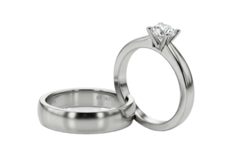 Pristine platinum wedding rings, sparkling solitaire diamond and simple band, transparent studio backdrop, copy space. Ultra-realistic product photo, soft light, sharp focus, concept of enduring love
