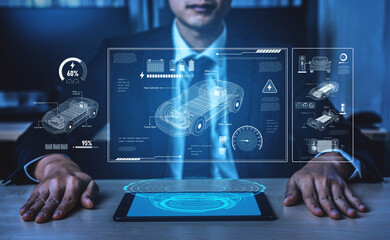 Technical layout of electric vehicle showing battery system, power control, traction motor, charging interface, and integration with renewable and smart energy sources Vouch
