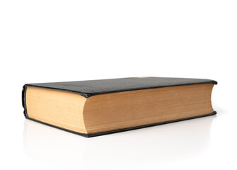 Closed old book pages texture. Vintage notebook background, antique reference book closeup