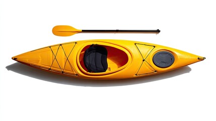 Overhead View Of A Yellow Kayak And Paddle Isolated On White Background Ideal For Summer Recreation, Water Sports, And Adventure Travel Imagery