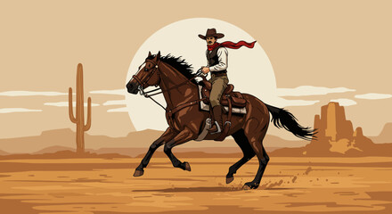 Cowboy Riding a Horse in the Desert Landscape.