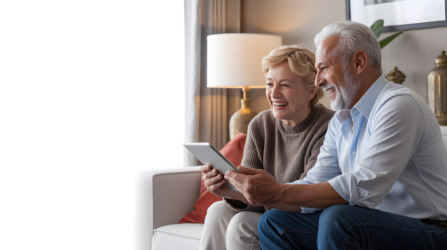 Elderly couple laughing while looking at a tablet in a bright living room with modern decor