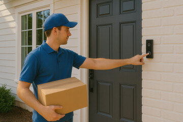Delivery person rings doorbell camera at front door residential setting courier action outdoor environment