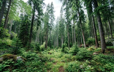 Lush forest floor, towering trees