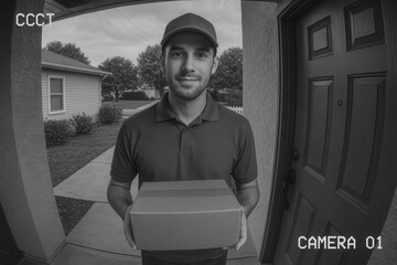Delivery person at front door captured by doorbell camera residential area daytime security concept