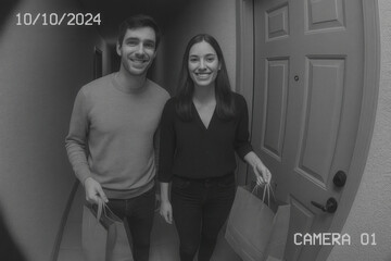 Couple receiving deliveries home entrance doorbell camera footage indoor corridor front view daily life moments