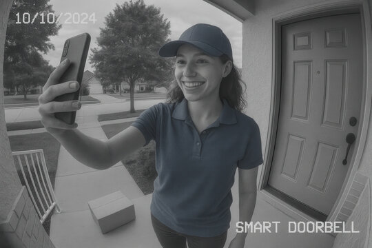 Smart doorbell camera captures delivery interaction residential area video content outdoor front view home security