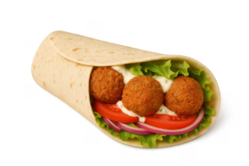 Delicious falafel wrap with fresh vegetables and sauce on transparent background