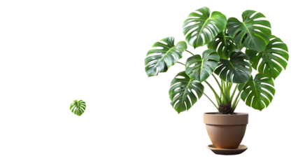 Monstera deliciosa plant in pot isolated on transparent background, a popular houseplant with distinctive split leaves, adding a touch of nature to any space