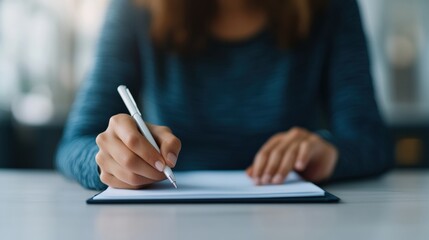 Businesswoman writing notes on notepad during business meeting