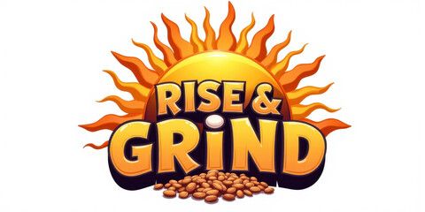 Rise and Grind logo with sun and coffee beans in vibrant colors  