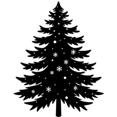 Black silhouette of a decorated christmas tree with snowflakes and ornaments, vector graphic
