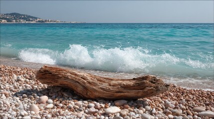 Fototapeta premium Driftwood on a pebble beach, turquoise water lapping ashore. Coastal scene