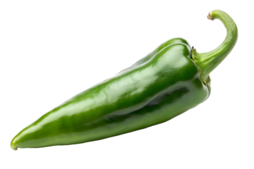 A vibrant green chili pepper, isolated on transparent background, showcasing its smooth skin, curved stem, and the potential for spicy flavor