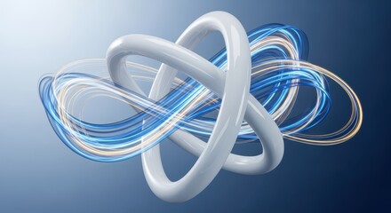 Abstract Geometric Form: A sleek, modern 3D render features intertwined loops, rendered in a dynamic blend of blue and white, set against a gradient background, expressing complex interconnections.