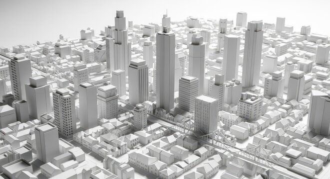 Monochrome Cityscape: A detailed, elevated perspective of a modern city, showcasing sleek skyscrapers and a complex network of urban infrastructure rendered in grayscale.
