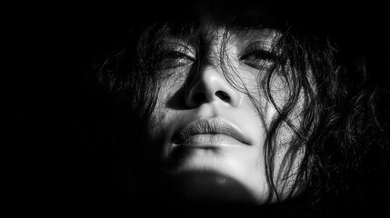 Black and white portrait of a girl on a dark background.