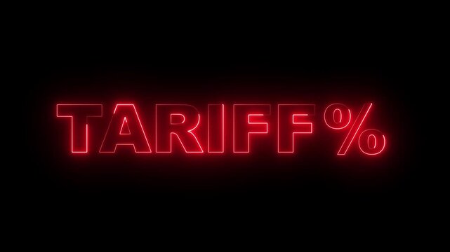 Glowing neon tariff text animation on black background. Trade, tax, tariffs and price war. 4k animation.