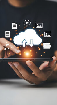 Person using smartphone with cloud computing and data transfer icons upload download
