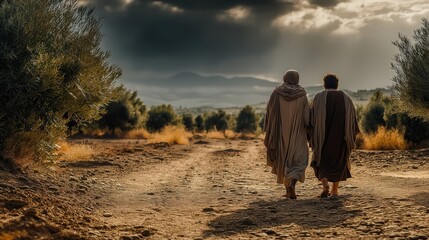 Two disciples walk along a dusty countryside path at sunset, deep in conversation, their robes flowing as golden light stretches across the fields, symbolizing faith, journey, and revelation.