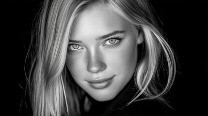 Black and white portrait of a girl on a dark background.