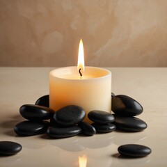 Massage stones and candle on a cream background, symbolizing calm, wellness, and relaxation in spa concepts.
