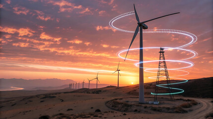Wind turbines generating renewable energy at sunset in a desert landscape © Saieem