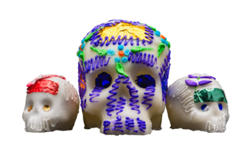 Three Sugar Skulls from dia de muertos Different Sizes Front Row Transparent Background